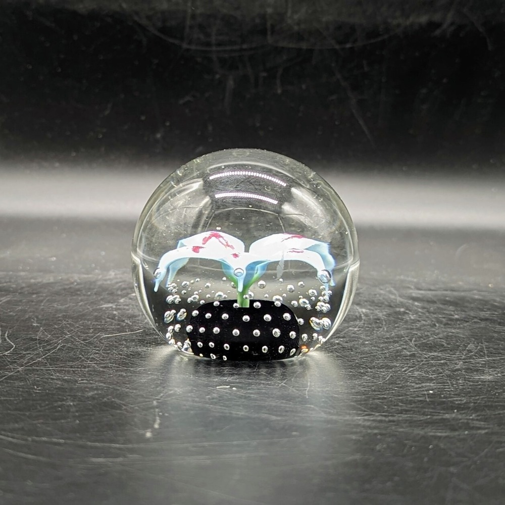 Vintage Wheaton Village Art Glass Handmade Paperweight Black Flower 3" Signed